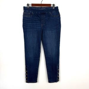 Chico’s Pull On Jegging Ankle Button Hem Blue Calista Indigo 10 NWT
